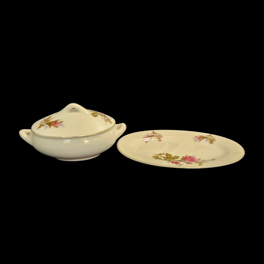 Vintage Japan Floral Ceramic Sugar Bowl with Lid & Matching Vanity Tray Set